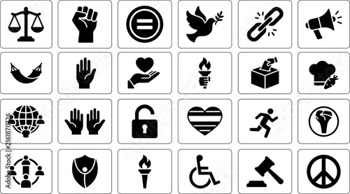 Human rights justice and community line framed black vector icons set.Human rights justice and community line framed black vector icons set.