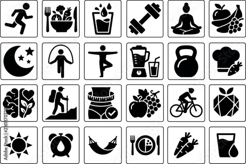 Healthy lifestyle fitness training and nutrition diet framed black vector icons.