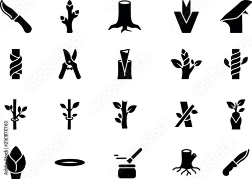 Tree grafting methods and gardening tools black vector icons collection set.Tree grafting methods and gardening tools black vector icons collection set.