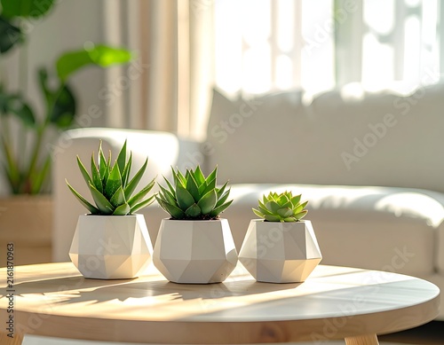 Three succulents in geometric pots on a wood table, bright living room backdrop