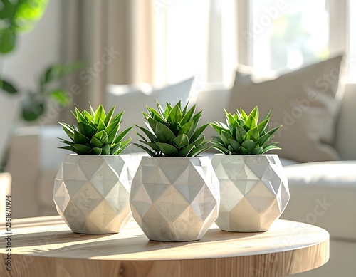 Three succulents in geometric white pots on a wooden table, with a blurred sofa and window