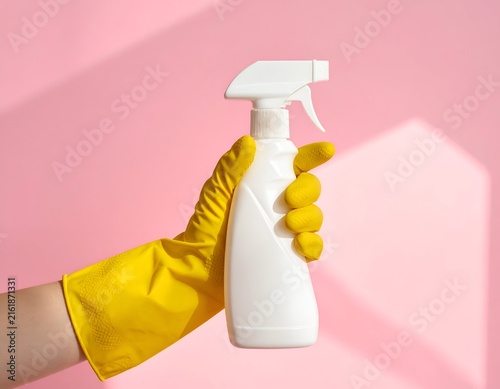 Hand in yellow glove holding a white spray bottle against a pink background