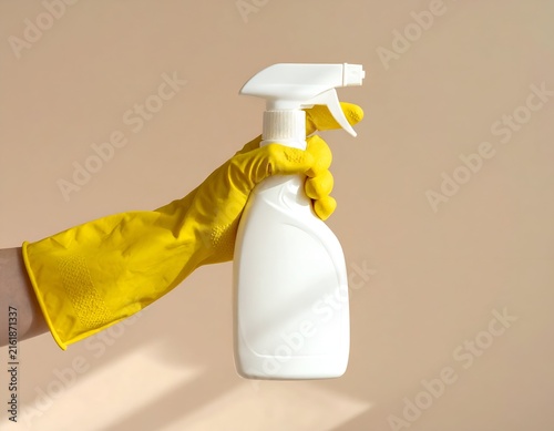 Person's gloved hand holds white spray bottle against a beige backdrop, side profile