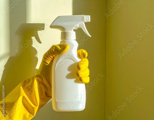Person's gloved hand holding a white spray bottle, casting a shadow on a pale yellow wall