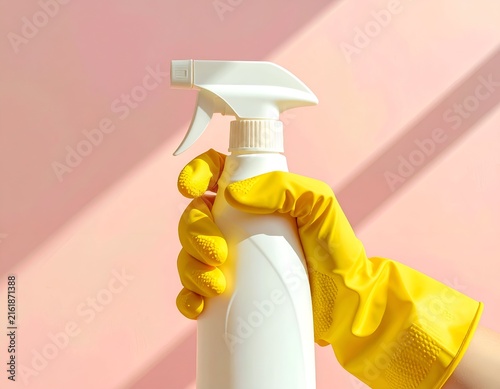 Hand in yellow rubber glove holding a white spray bottle against a pink, sunlit wall