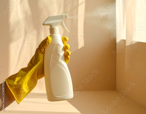 Hand in yellow glove spraying cleaning solution, light and shadows on backdrop
