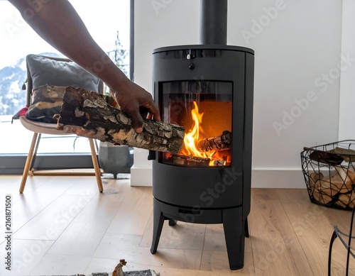 A person adds wood to a burning fireplace, cozy scene near a window with winter view