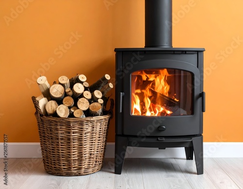 A cozy corner features a burning fireplace with wood logs in a basket next to a wall