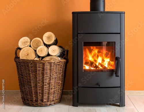 A black, burning stove next to a wicker basket full of logs, set against an orange wall