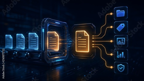 Automated digital data processing pipeline with glowing document holograms moving through high tech futuristic conveyor belt
