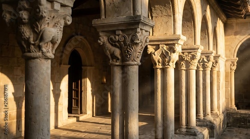 Medieval stone columns with carved capitals
