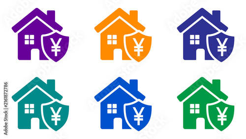 Home Insurance Yen Icon Set with House and Shield in Six Colors
