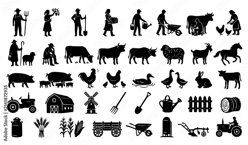 Obraz premium Black handmade farm silhouette icon collection with farmers livestock animals and agriculture symbols