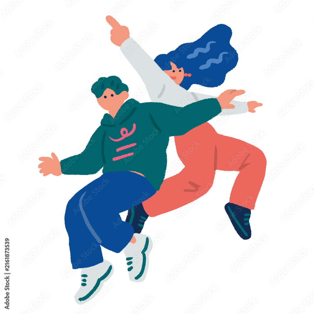 Fototapeta premium パーカー姿でジャンプし指差しする2人の若者のカジュアルな手描きイラスト