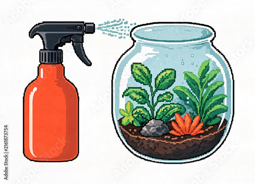 Spray Bottle Misting Glass Terrarium Plants Pixel Art Illustration