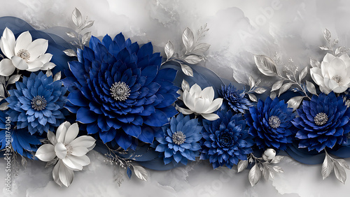Artistic arrangement of deep blue and white flowers against a textured grey background.