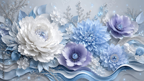 A close up view of delicate blue and white floral arrangements with soft petals.