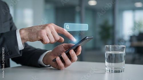 Businessman in a dark suit tapping a smartphone screen with a floating digital search bar