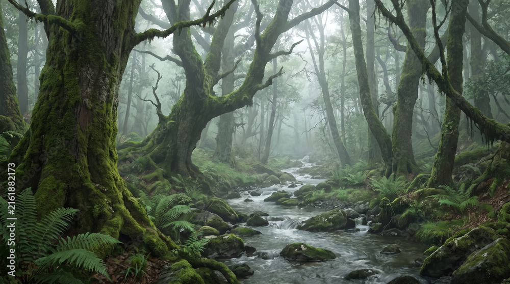 Fototapeta premium Mystical forest with moss-covered trees and a flowing stream.