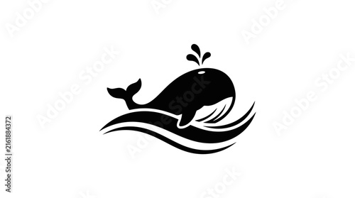 Foto Whale swimming through dynamic ocean waves while blowing water from its blowhole in a graphic style