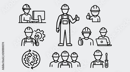 Set of industrial worker line icons with hard hats, engineering tools and teamwork concepts for construction and maintenance design