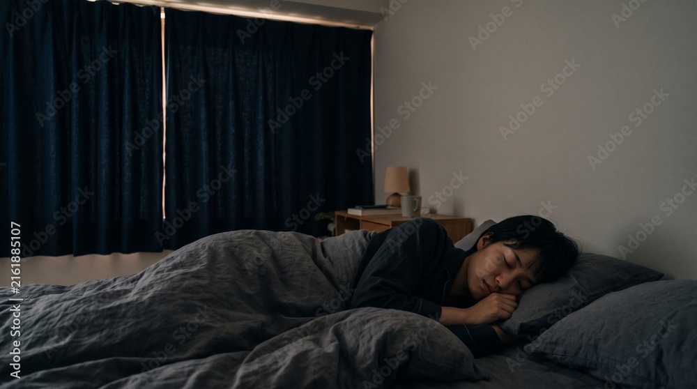 Fototapeta premium Young woman peacefully sleeping in a dark bedroom covered with a cozy duvet and pillows