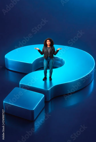 Confused person sitting on question mark symbol with doubtful expression