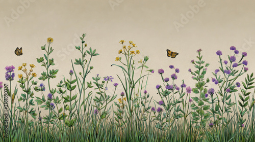A charming watercolor illustration of a wildflower meadow in bloom, featuring a variety of purple and yellow blossoms interspersed with delicate green foliage and two butterflies fluttering gently.