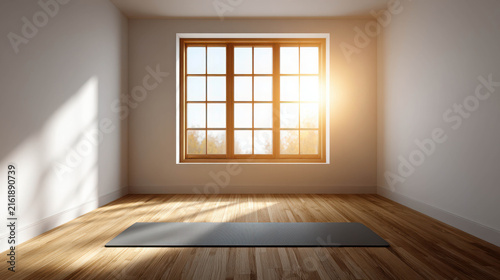 A clean, empty room with a wooden floor and a large window letting in sunlight. A yoga mat is laid out on the floor, ready for a practice