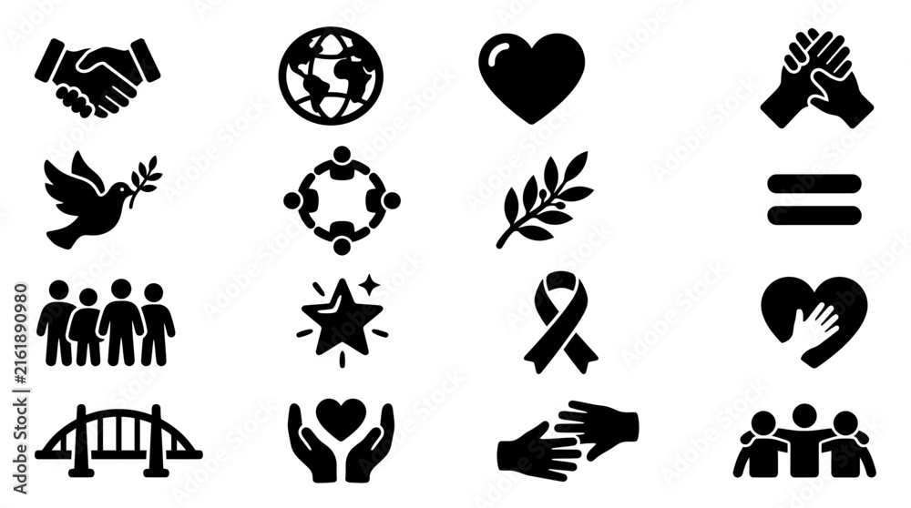 Fototapeta premium Collection of black icons representing unity, peace, love, and community support.