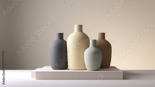 A collection of four minimalist ceramic vases in neutral tones, arranged artfully on a simple pedestal. The vases vary in size and shape, creating a visually pleasing composition with soft.