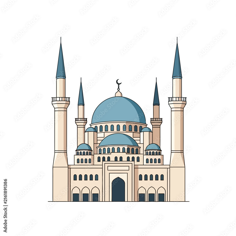 Fototapeta premium Islamic Mosque Architecture Blue Domes and Minarets Vector Illustration