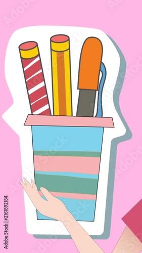 Animation of woman talking over pen icons