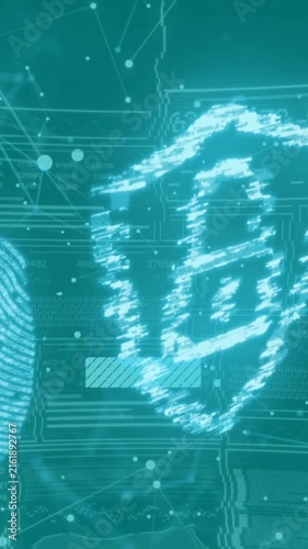 Animation of digital data processing and security padlock over blue background