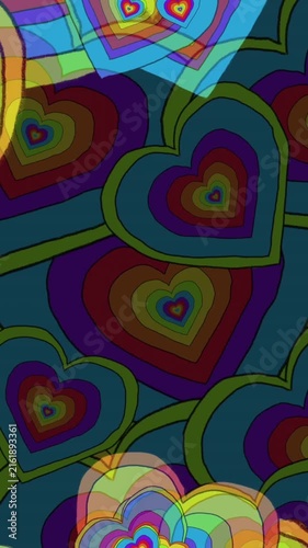 Animation of rainbow hearts over rainbow hearts background