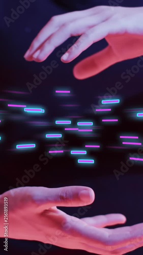 Animation of glowing light trails of data transfer and asian woman's hands