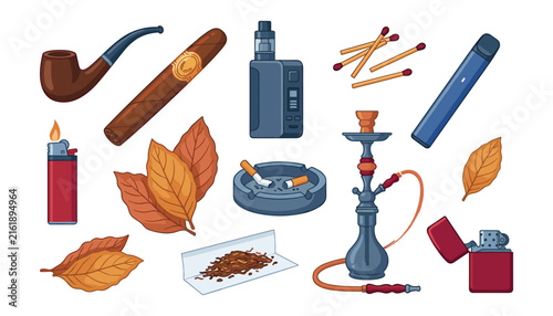 Cuadro en lienzo Smoking accessories vector element set with cigar pipe vape electronic cigarett