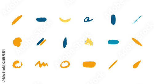 Set of orange and blue hand drawn brush strokes, dots, and abstract shapes isolated on a white background, for projects