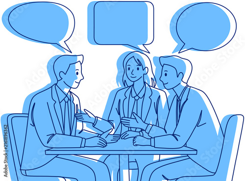 Foto A business team consisting of men and women engaged in discussion and communication, complete with dialogue in speech bubbles