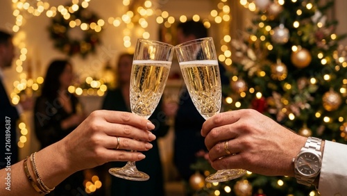 Couple Toasting Champagne Glasses at a Festive Christmas Party with Glowing Lights