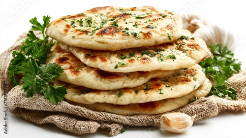 Delicious Homemade Garlic Herb Flatbread Stack with Fresh Parsley on Rustic Background