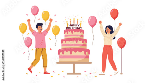 Photography Happy young couple celebrating birthday vector illustration with huge three tier