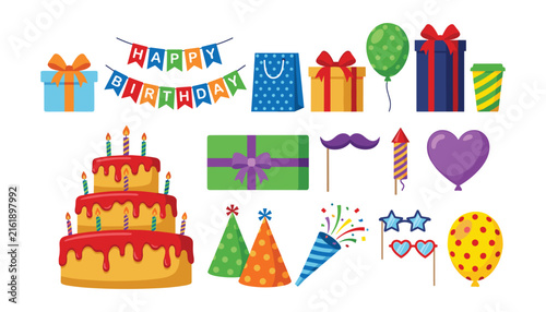 Happy birthday celebration vector collection with tiered cake candles gift boxes balloons bunting banner confetti party hats and props isolated illustrations set