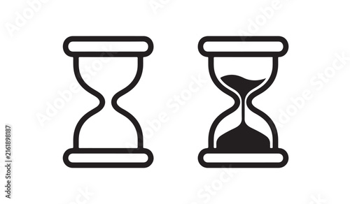 Hourglass timer vector icon collection with outline and sand filled silhouette styles. Concept of time, countdown, deadline, waiting, productivity and modern vector design.
