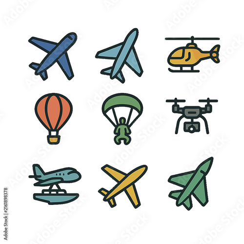 Colorful Vector Icons of Various Aircraft and Flying Vehicles