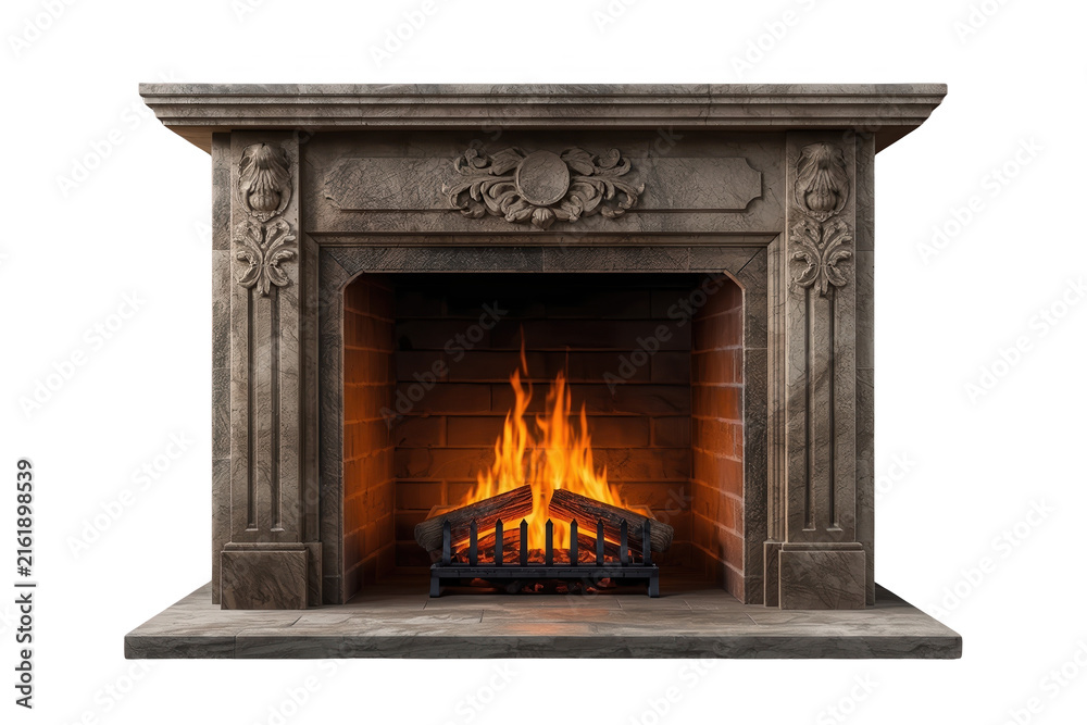 Fototapeta premium Classic stone fireplace with burning wood fire