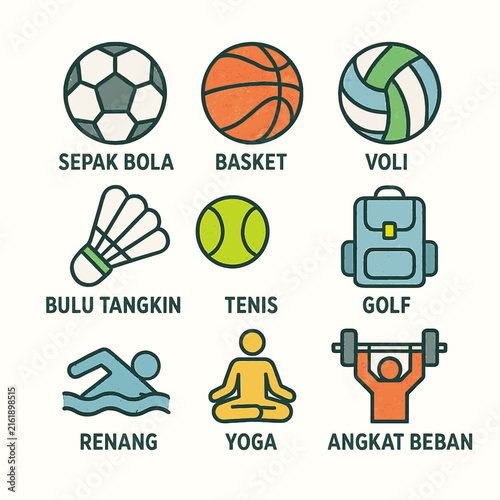 Colorful sports icons set featuring various activities and equipment