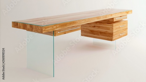 Sleek Modern Wooden Desk with Glass Legs and Drawers - Minimalist Fur