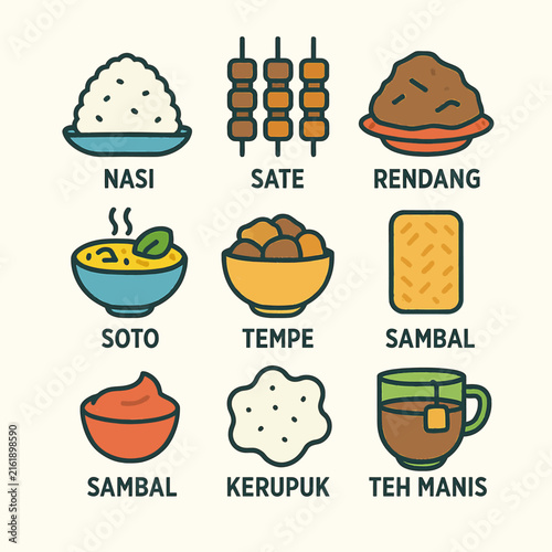 Illustrated Indonesian Cuisine Icons Featuring Traditional Dishes and Drinks