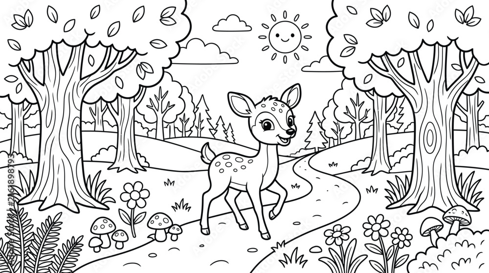 Fototapeta premium Cute deer in forest path coloring page vector